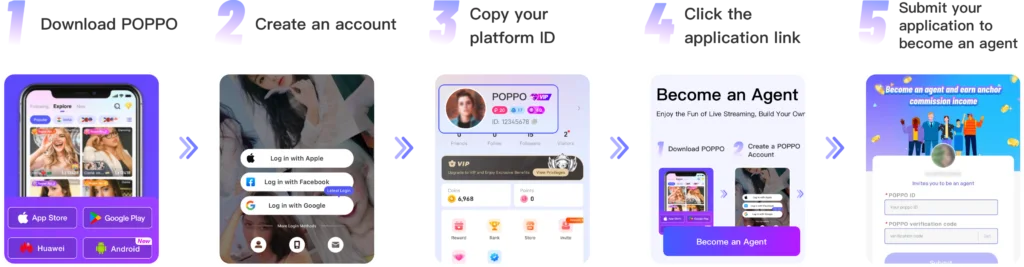 Download the
                            Poppo Live App and Submit your application to become an Agency